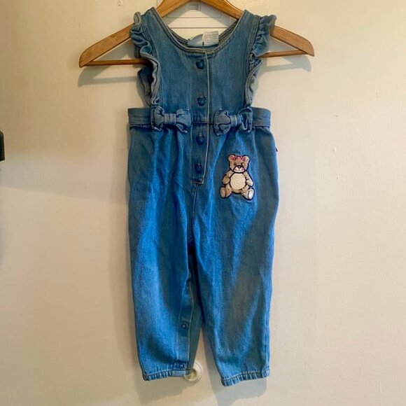 Vintage Baby Denim Jumpsuit Teddy Bear Patch Bows Size 24 Months - Picture 1 of 7